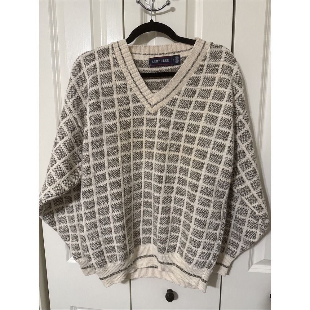 Men's Andhurst Vintage V Neck Pullover Sweater Cream And Brown Sz Medium  Cotton